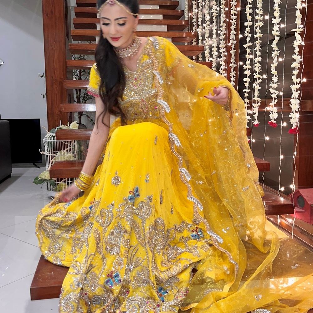 Pakistani or Indian wedding or mehndi or mayoun dress. Full top, skirt dupatta